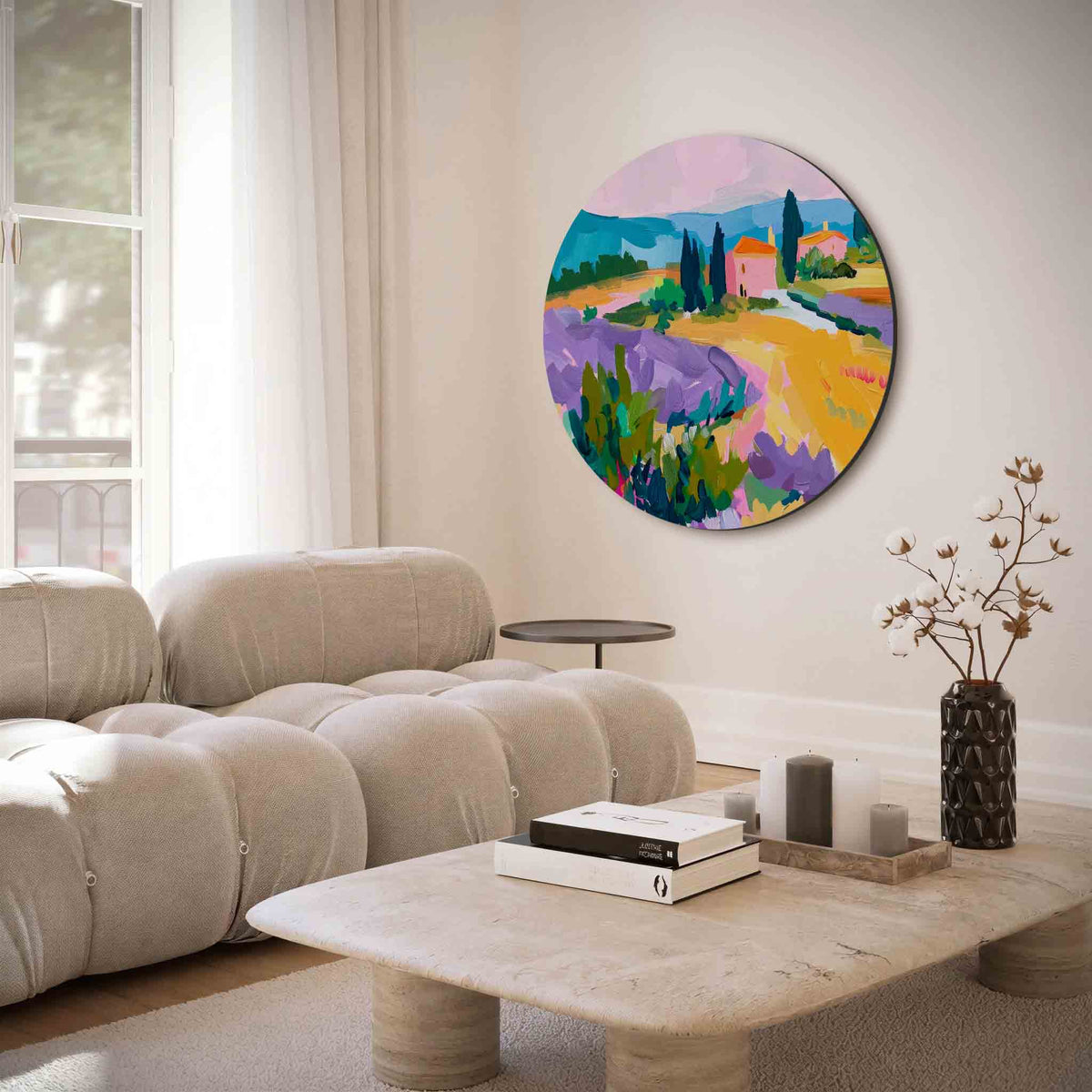 Landschap met lavendelvelden – muurcirkel met abstracte texturen voor aan de muur