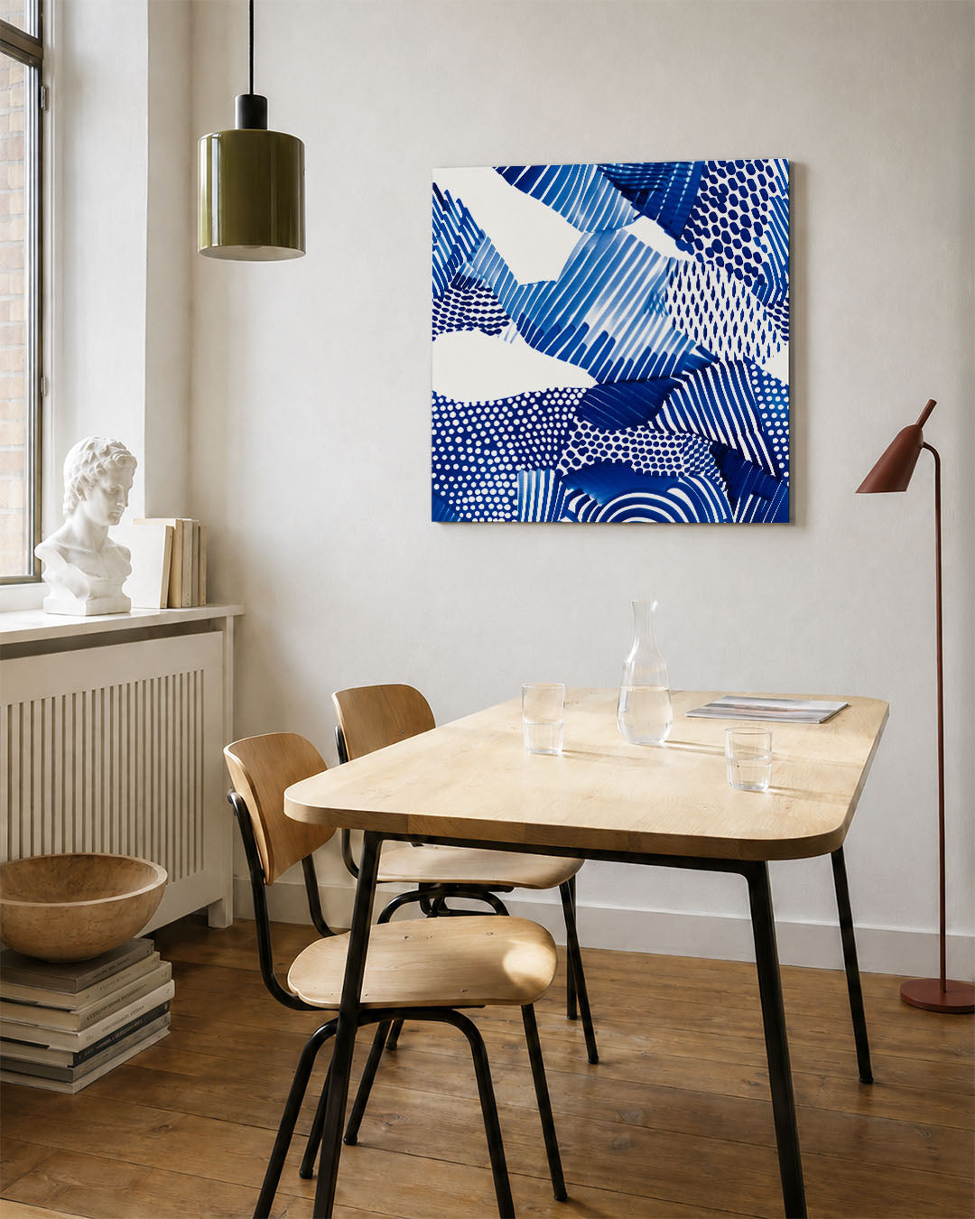 Dynamische patronen kunstwerk – vierkante wanddecoratie – dit kunstwerk toont een levendige compositie van blauwe en witte