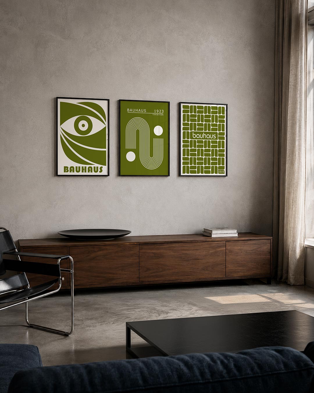 Oog en lijnen posterset – tweede productweergave – een groene oogvorm met dynamische lijnen en een cirkelpatroon. De