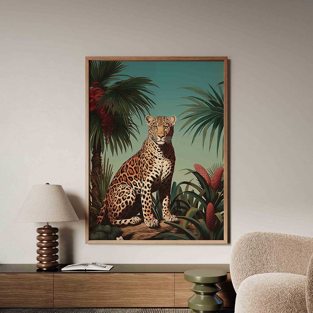 Luipaard in tropische omgeving – tropische jungle poster in staand formaat
