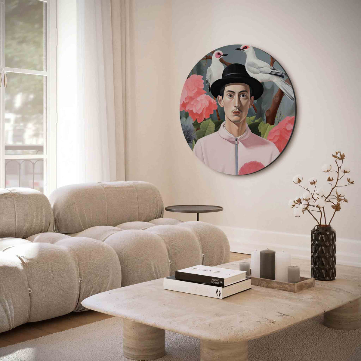Portret met vogels en bloemen – muurcirkel met abstracte texturen voor aan de muur
