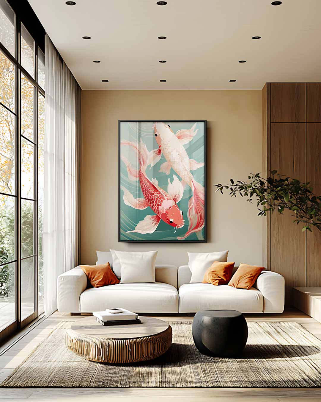 Magische Koi Karper Dans – staand kunstwerk voor modern interieur