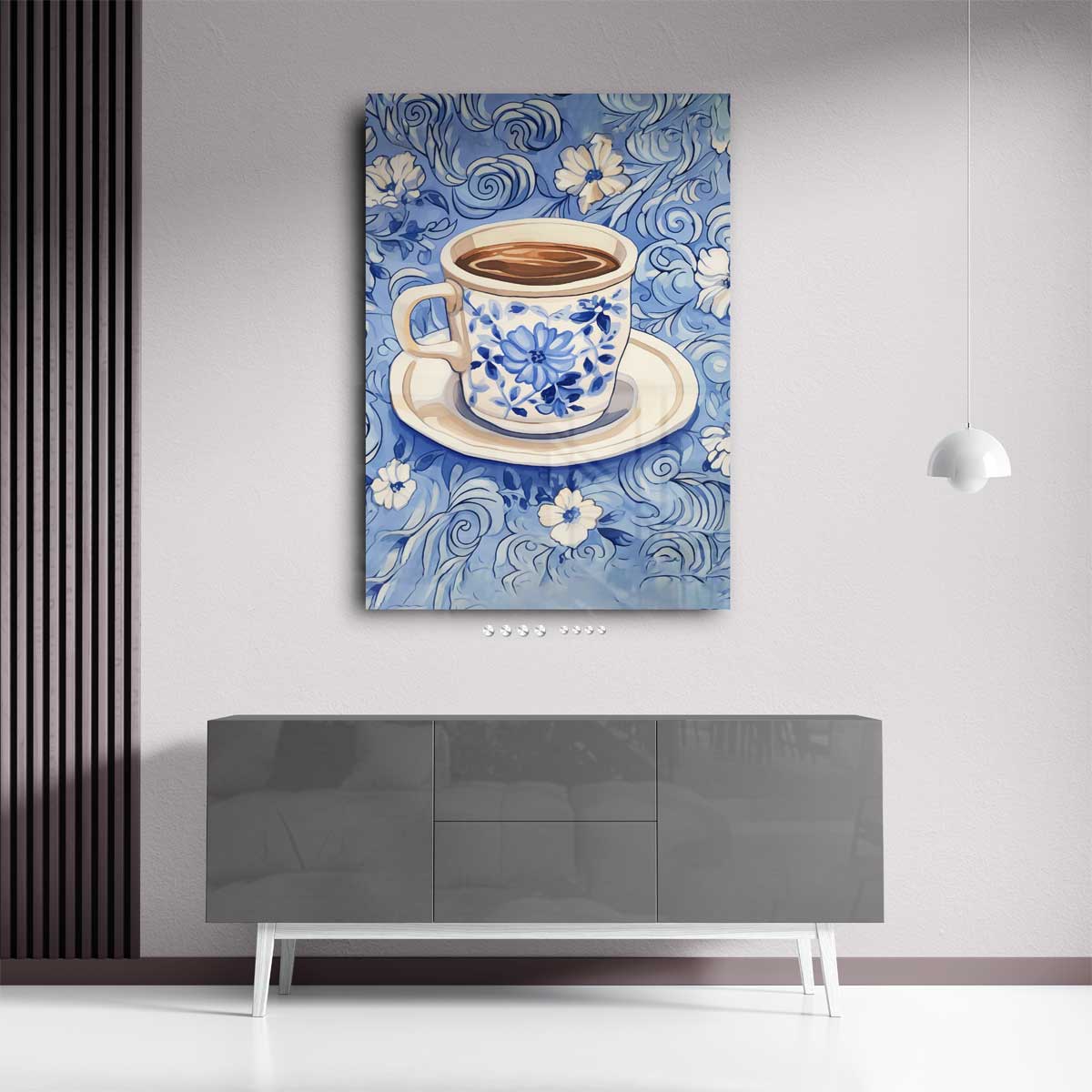 Blauwe Koffieochtend – kunstwerk met zwarte baklijst