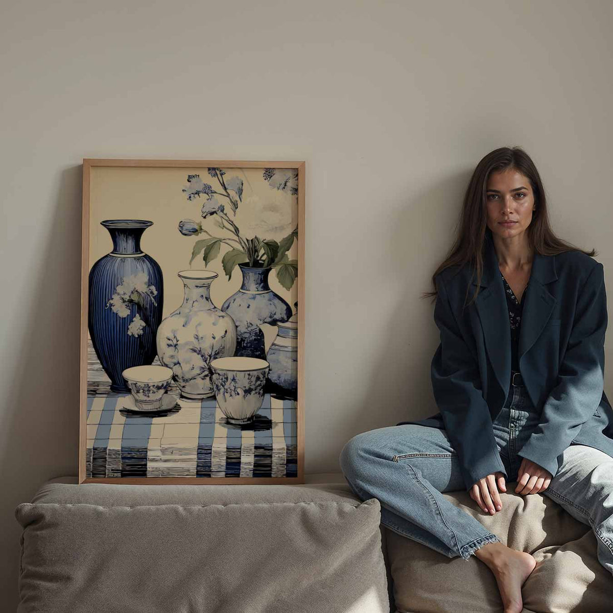 Elegant Blauwe Vaas Bloemen – staande keuken wanddecoratie van WallArtistic
