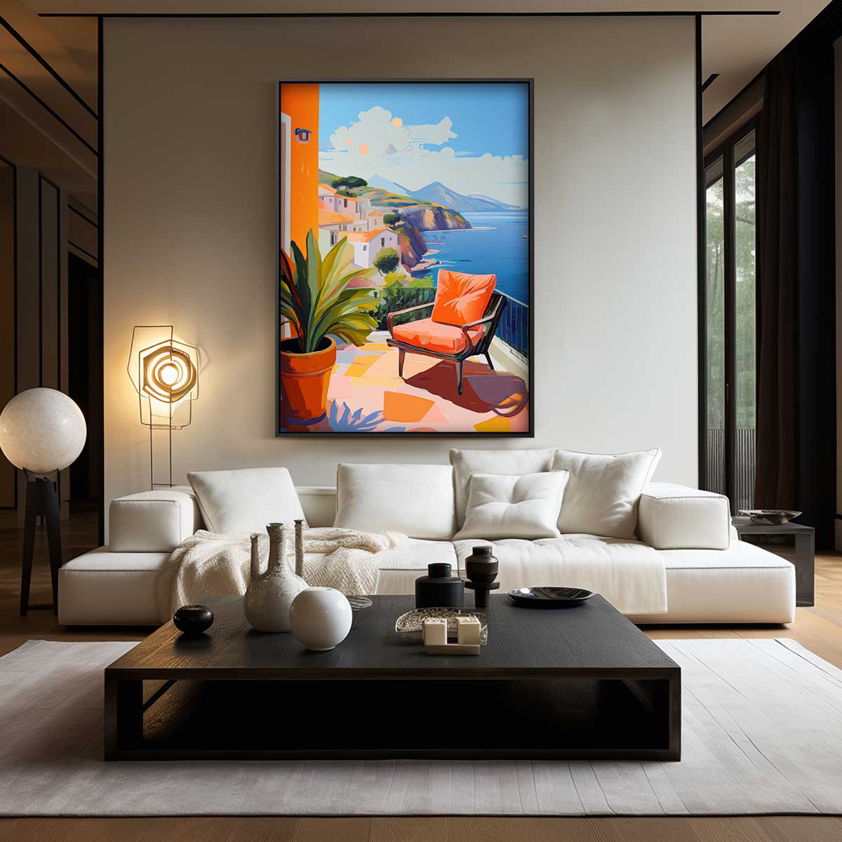 Zonnige Veranda aan Zee – staand kunstwerk voor modern interieur