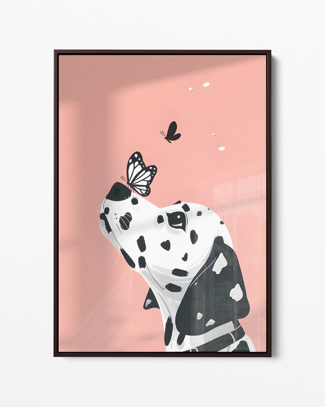 Dalmatier en Vlinder op Zachtroze – portret kunstwerk als wanddecoratie