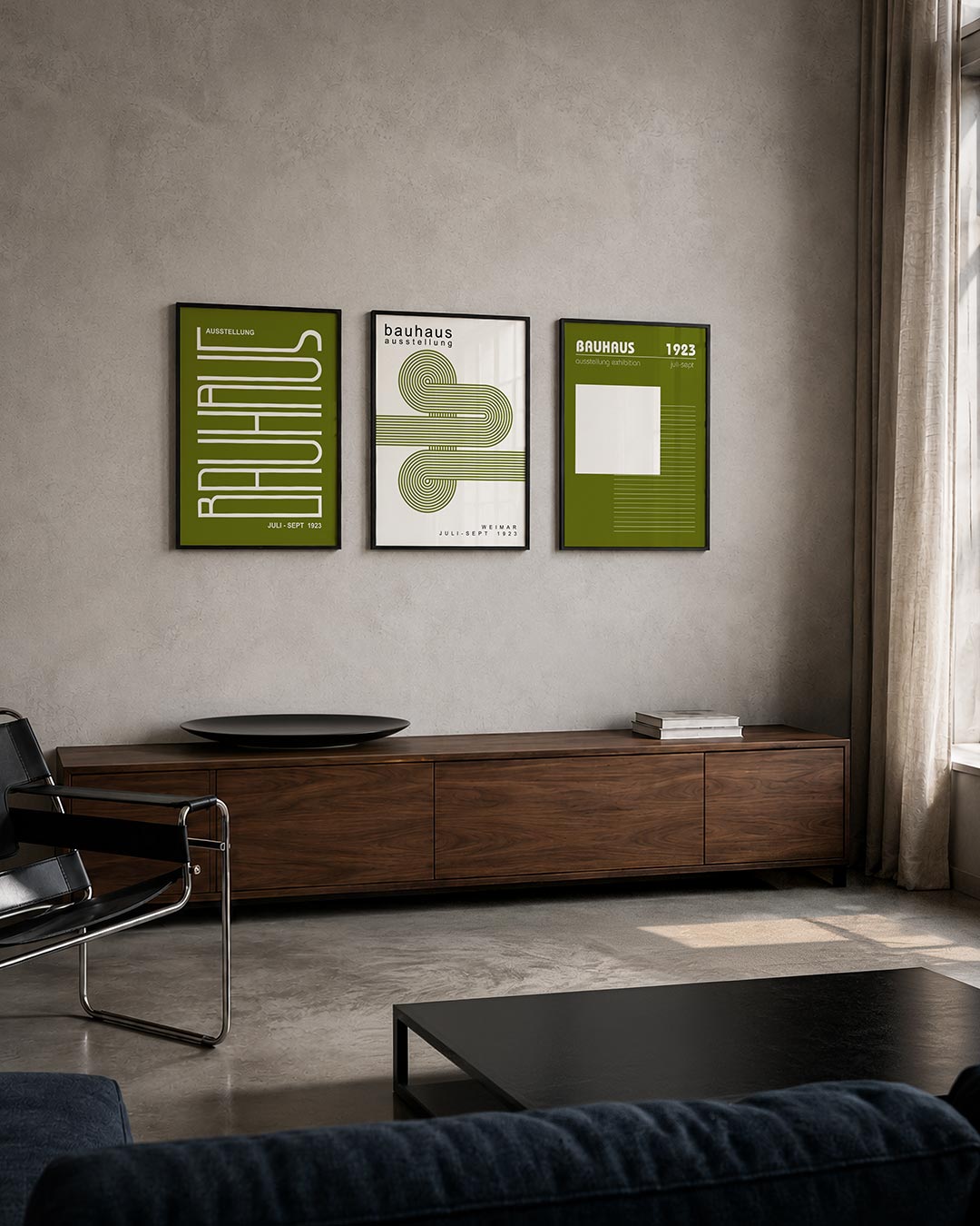 Lijnen en vlakken posterset – tweede productweergave – wit lijnenspel op een olijfgroene achtergrond. Rechte en gebogen