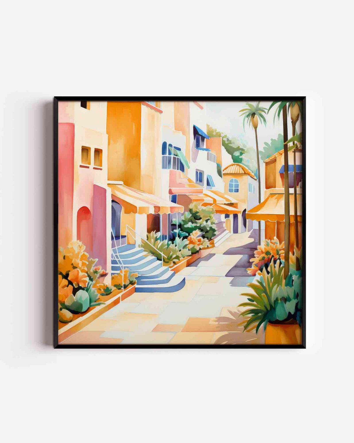 Zonnige straat met palmbomen – keuken vierkante poster als wanddecoratie