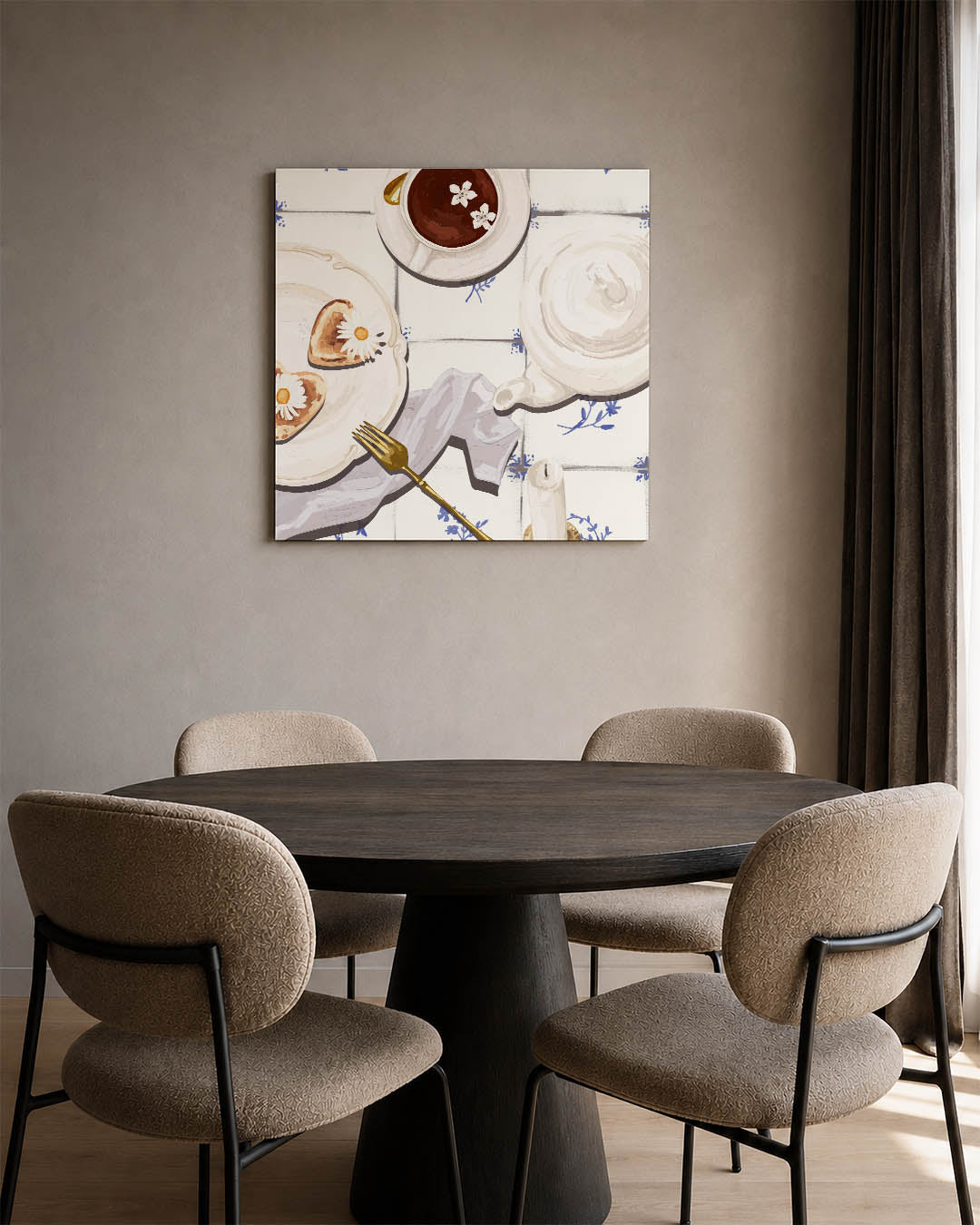 Ontbijt illustratie kunstwerk – vierkante wanddecoratie – dit werk toont een serene ontbijtscène met een kopje thee, een bord