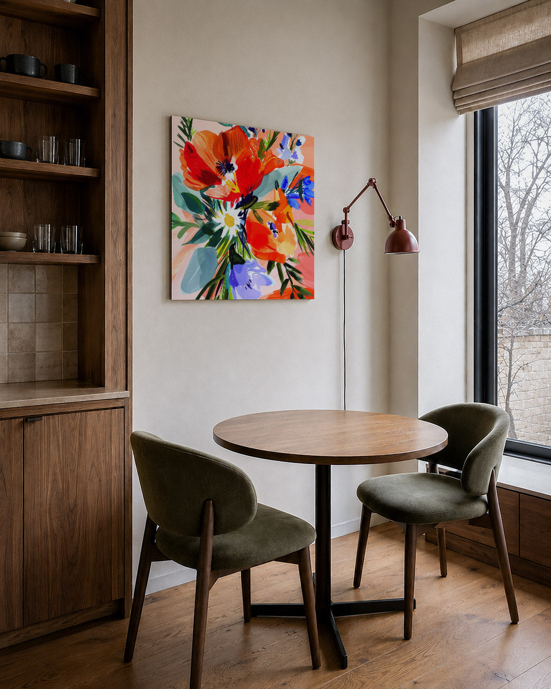 Kleurrijke bloemencompositie kunstwerk – derde productweergave – dit werk toont een levendige verzameling bloemen in diverse
