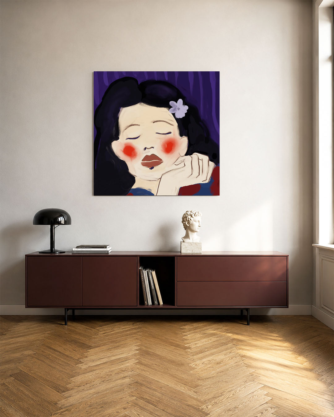 Dromerige vrouw kunstwerk – tweede productweergave – dit werk toont een serene vrouw met gesloten ogen, omlijst door zachte