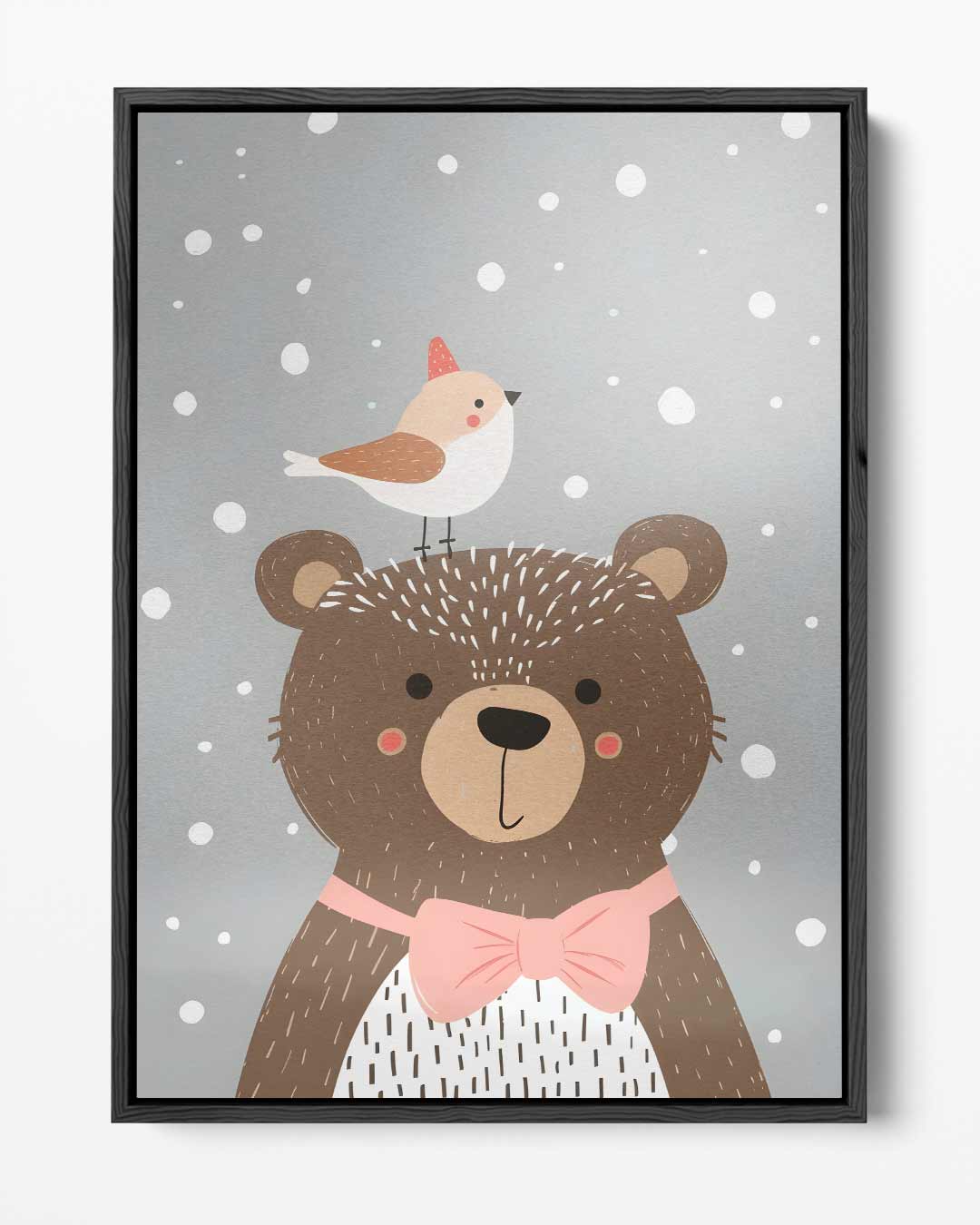 Vrolijke Beer en Vogel Winterillustratie – portret kunstwerk als wanddecoratie