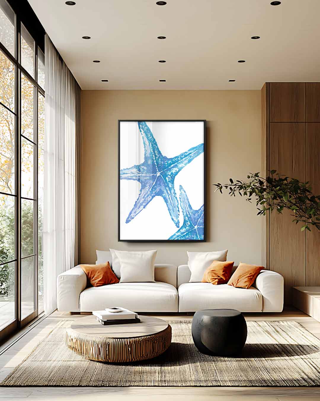 Blauwe zeester close-up – plexiglas wanddecoratie in portret formaat
