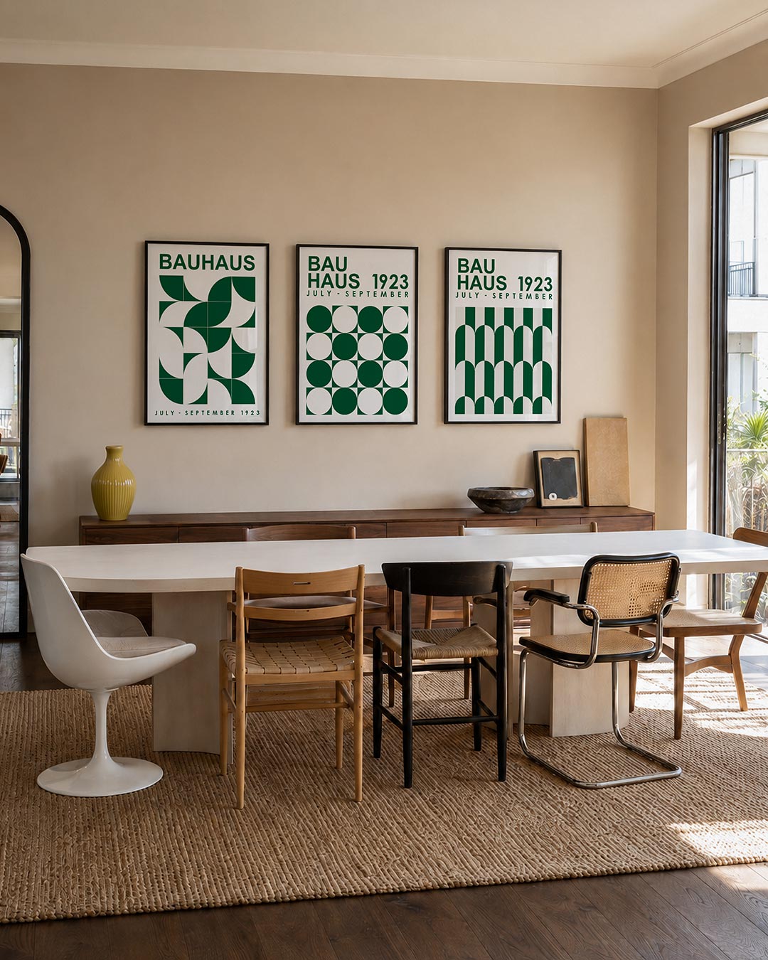 Vorm en kleur posterset – tweede productweergave – deze posterset in drie delen toont een ritmisch spel van groene en witte