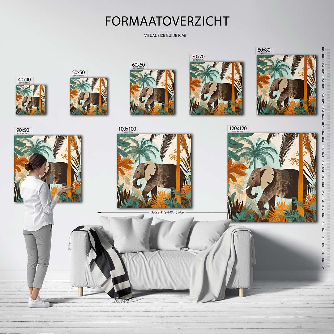Dierlijke jungle scène kunstwerk – dit kunstwerk toont een olifant in een weelderige jungle, omringd door palmbomen en