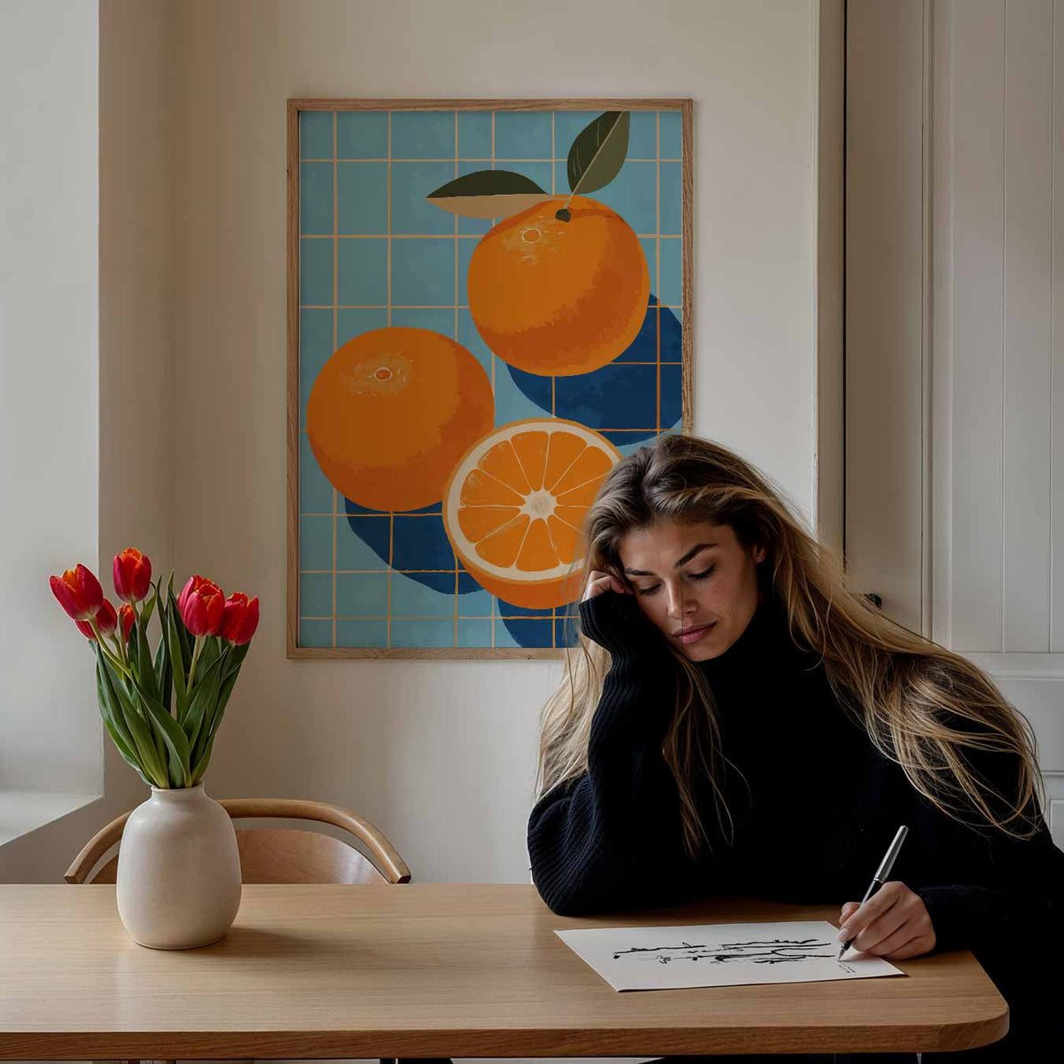Zonnige Sinaasappels op Blauwe Tegels – keuken portret poster, afbeelding 7