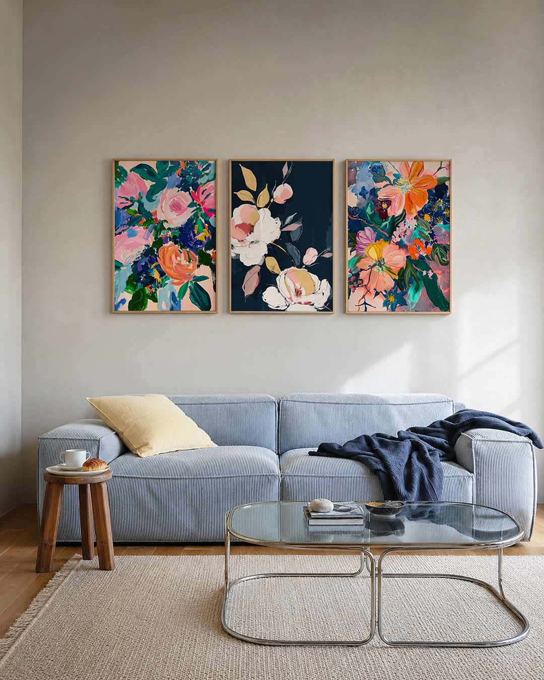 Kleurrijke bloemenvormen posterset – tweede productweergave – deze posterset in drie delen toont een levendig spel van