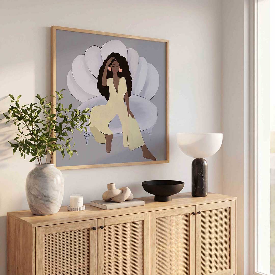 Vrouw op schelp – illustratie poster in vierkant formaat
