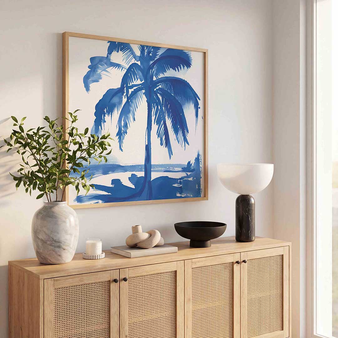 Palmboom aan zee – kunst en design poster in vierkant formaat