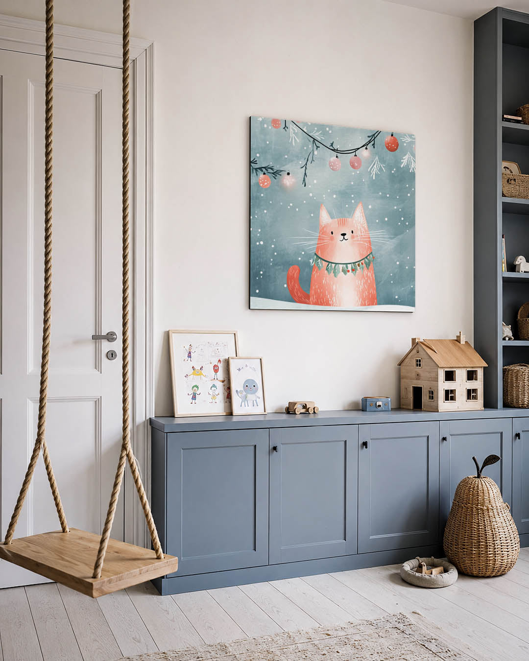 Speelse kat illustratie kunstwerk – vierkante wanddecoratie – een vrolijke kat met een krans om de nek, omringd door