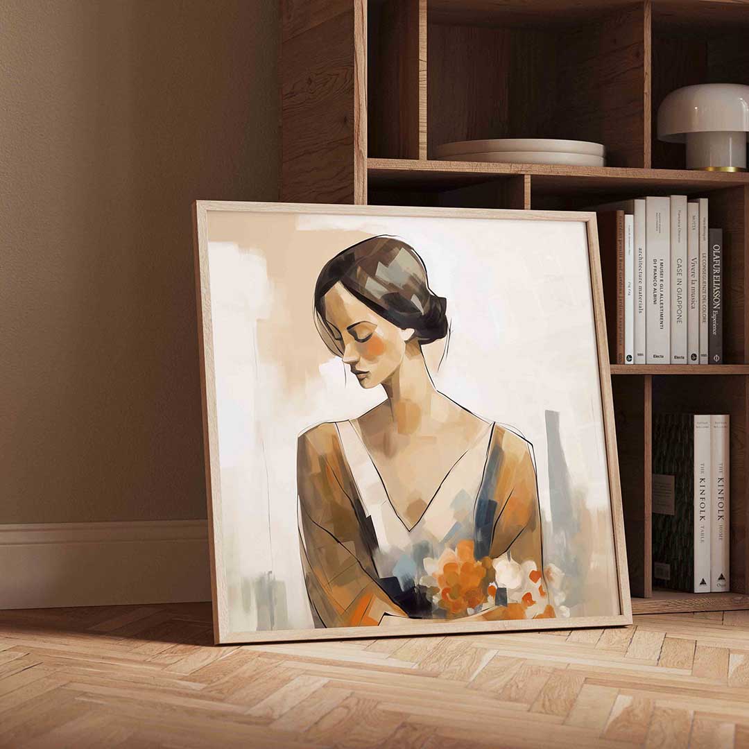Vrouw met bloemen – vierkante portret wanddecoratie van WallArtistic