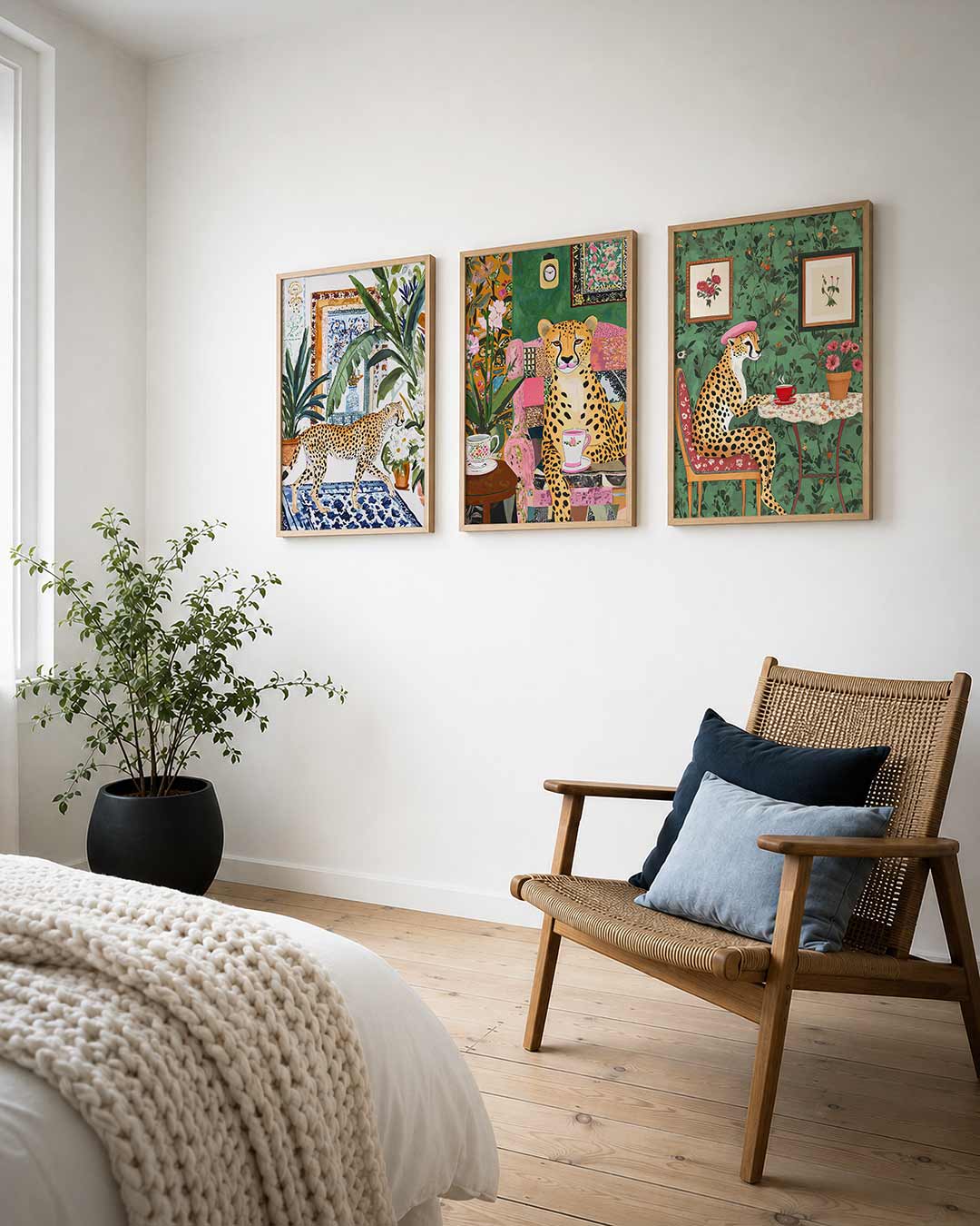 Jungle interieur posterset – derde productweergave – een luipaard wandelt door een weelderige kamer vol planten