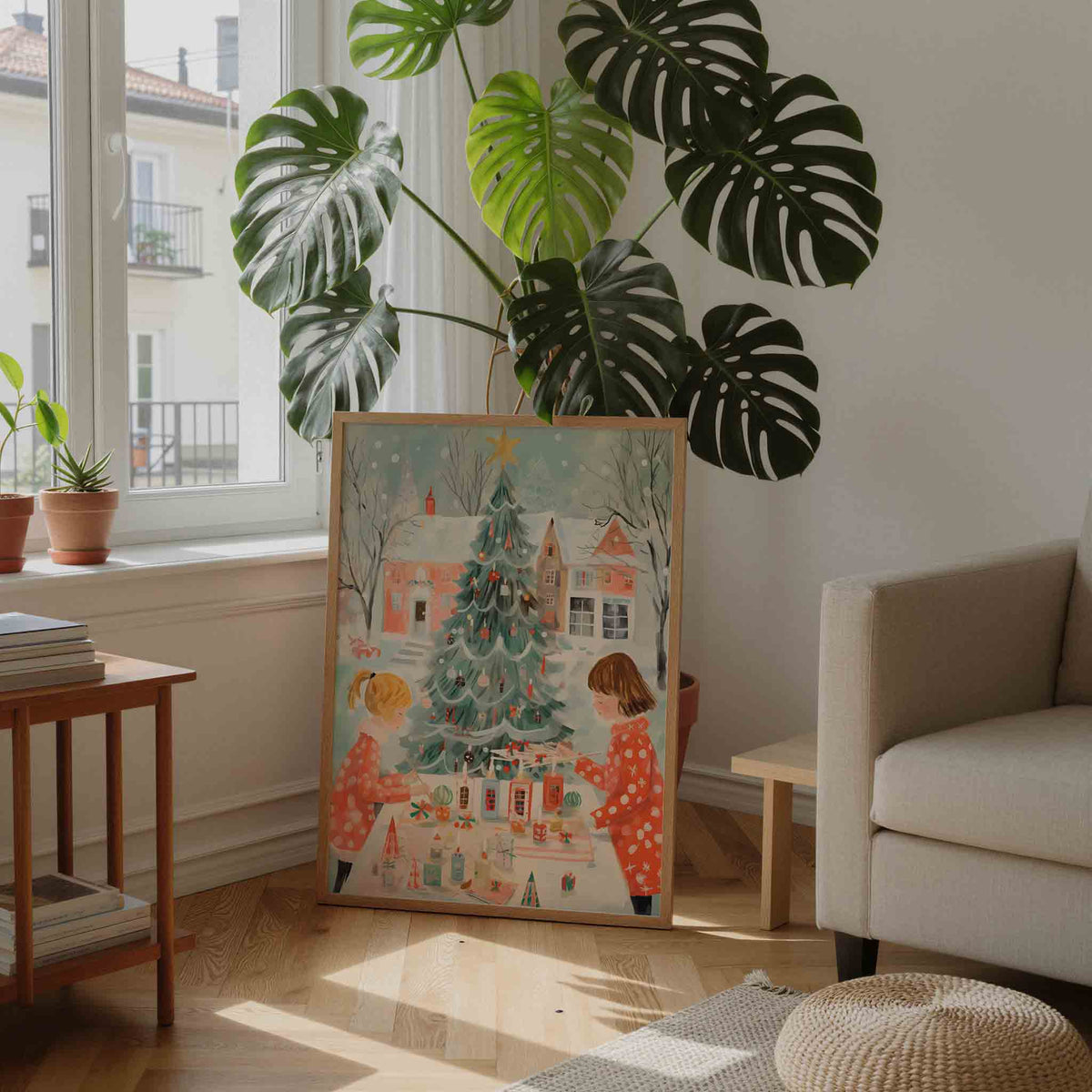 Kinderen versieren kerstboom – feestelijke wandkunst als portret poster