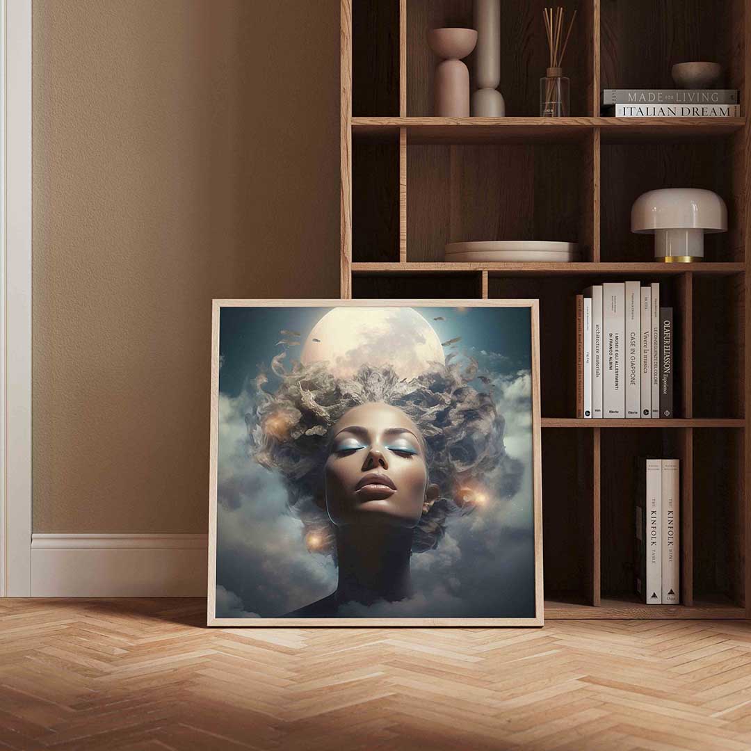 Dromerige maan en vrouw – portret poster in vierkant formaat