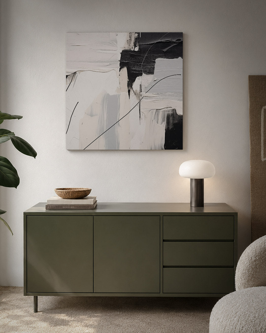 Compositie van lijnen kunstwerk – detailweergave – dit werk toont een spel van dikke penseelstreken in zwart en wit, met