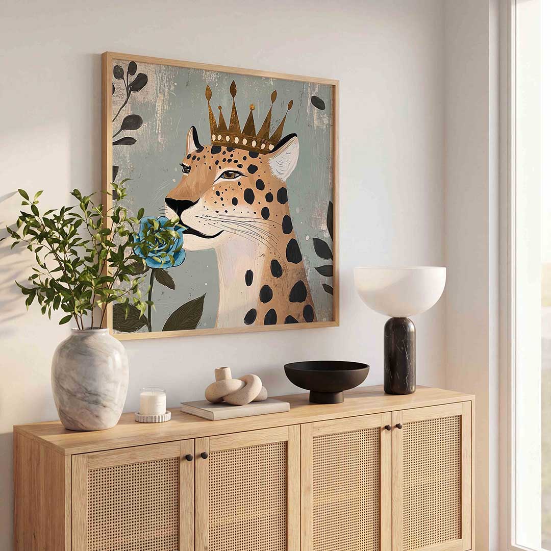 Luipaard met kroon – dierenillustratie als vierkante poster
