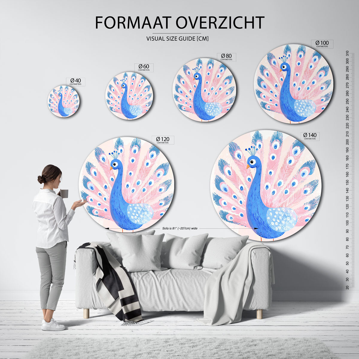 Blauwe pauw – ronde muurcirkel met kleurrijke illustratie
