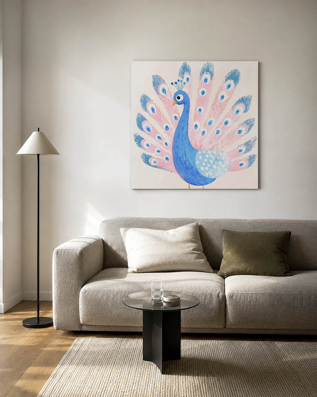 Vrolijke pauw illustratie kunstwerk – detailweergave – dit kunstwerk toont een kleurrijke pauw met een blauwe en roze