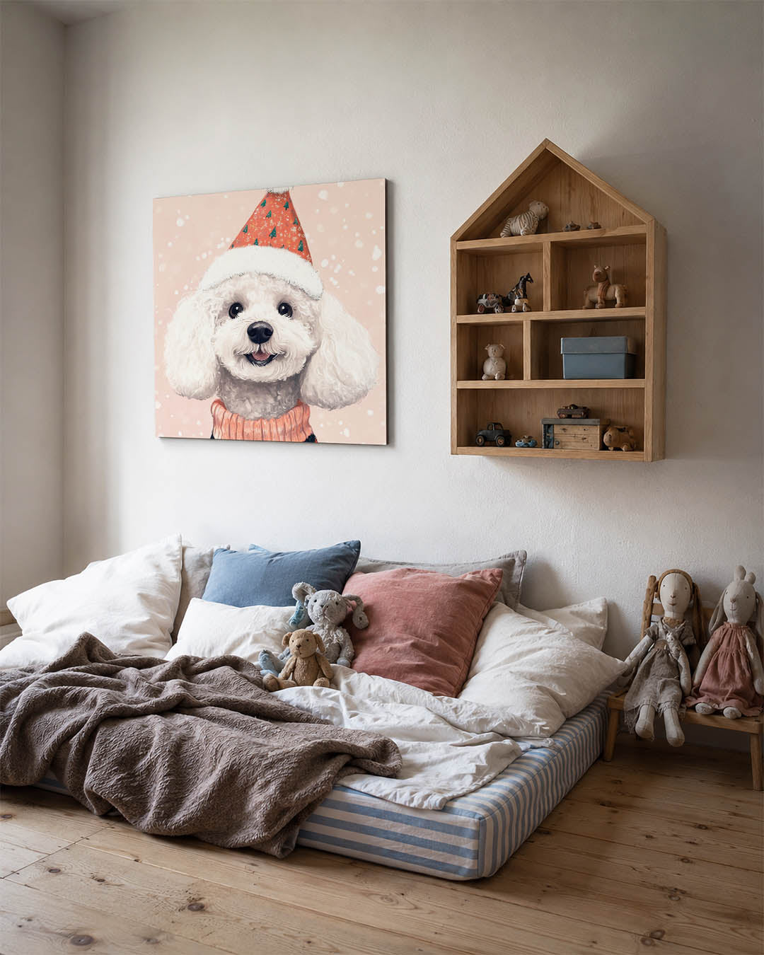 Vrolijke hond illustratie kunstwerk – derde productweergave – dit toont een schattige witte hond met een feestelijke hoed op