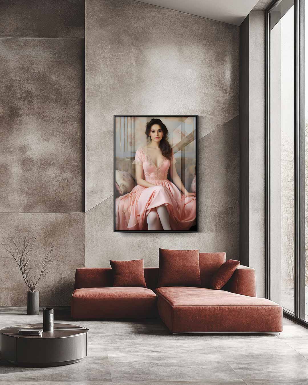 Dromerige Dame in Roze Jurk – staande wandkunst voor woonkamer of interieur