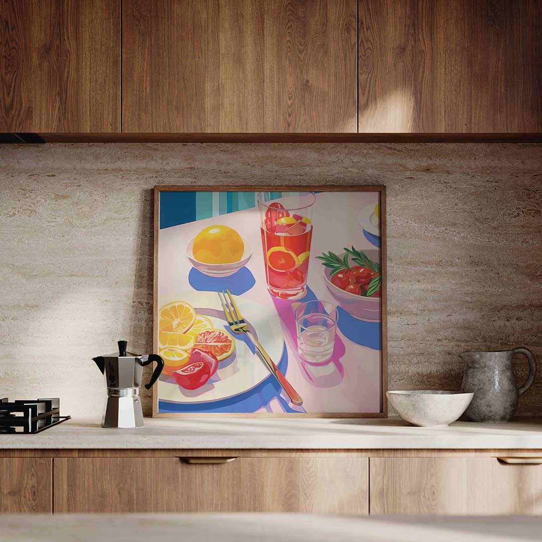 Fruit en drankjes – culinaire wandkunst als vierkante poster