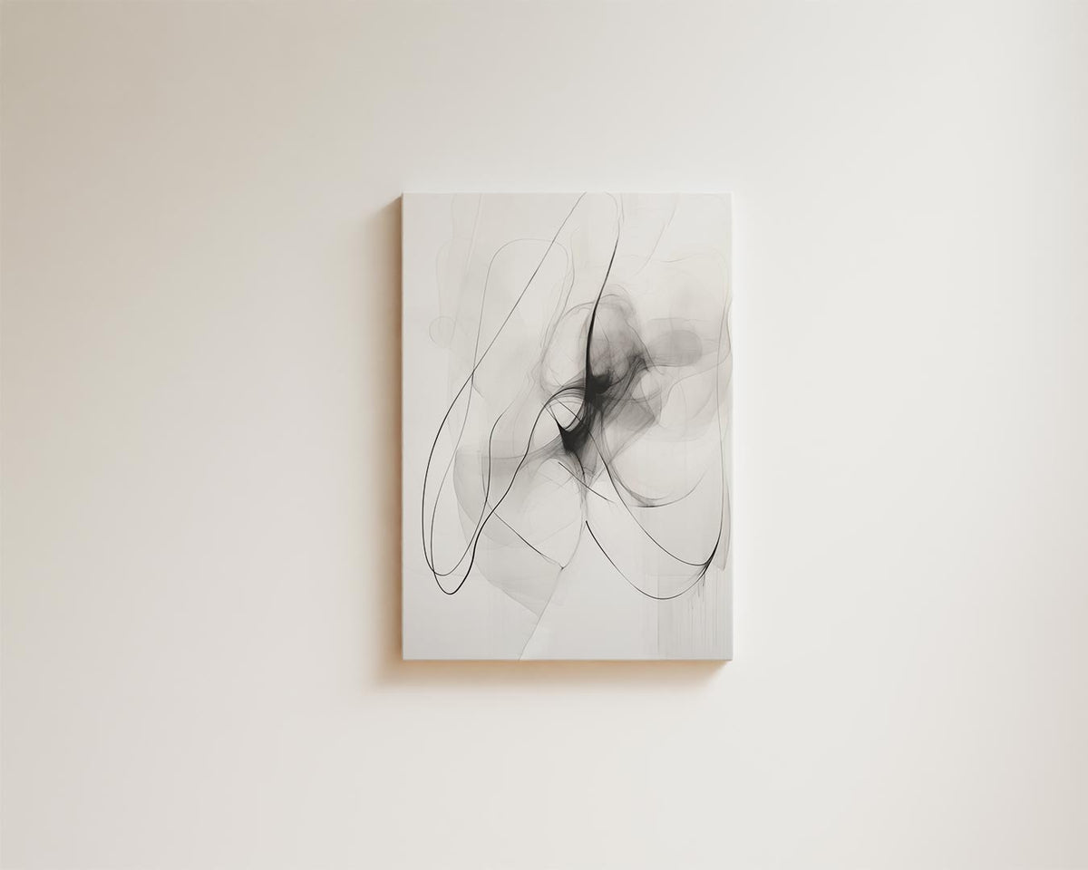 Dromerige Zwart-Witte Abstractie – kunstwerk met zwarte baklijst