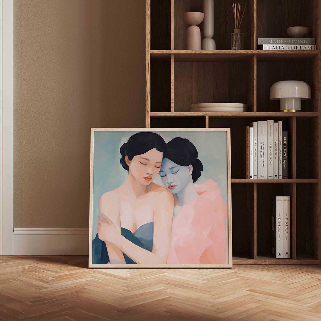 Twee vrouwen in omhelzing – portret poster in vierkant formaat