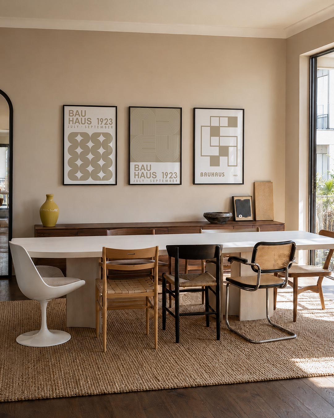 Vorm en ritme posterset – tweede productweergave – deze posterset in drie delen toont een harmonie van herhalende beige