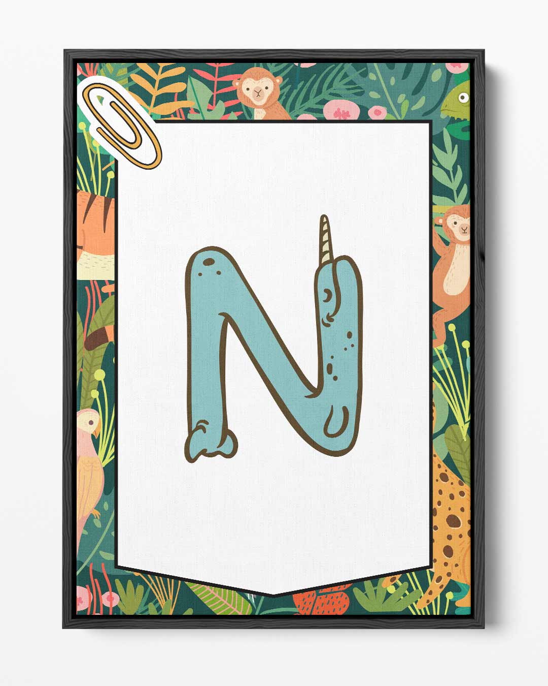 Narwhal N Kinderalfabet Print – portret kunstwerk als wanddecoratie