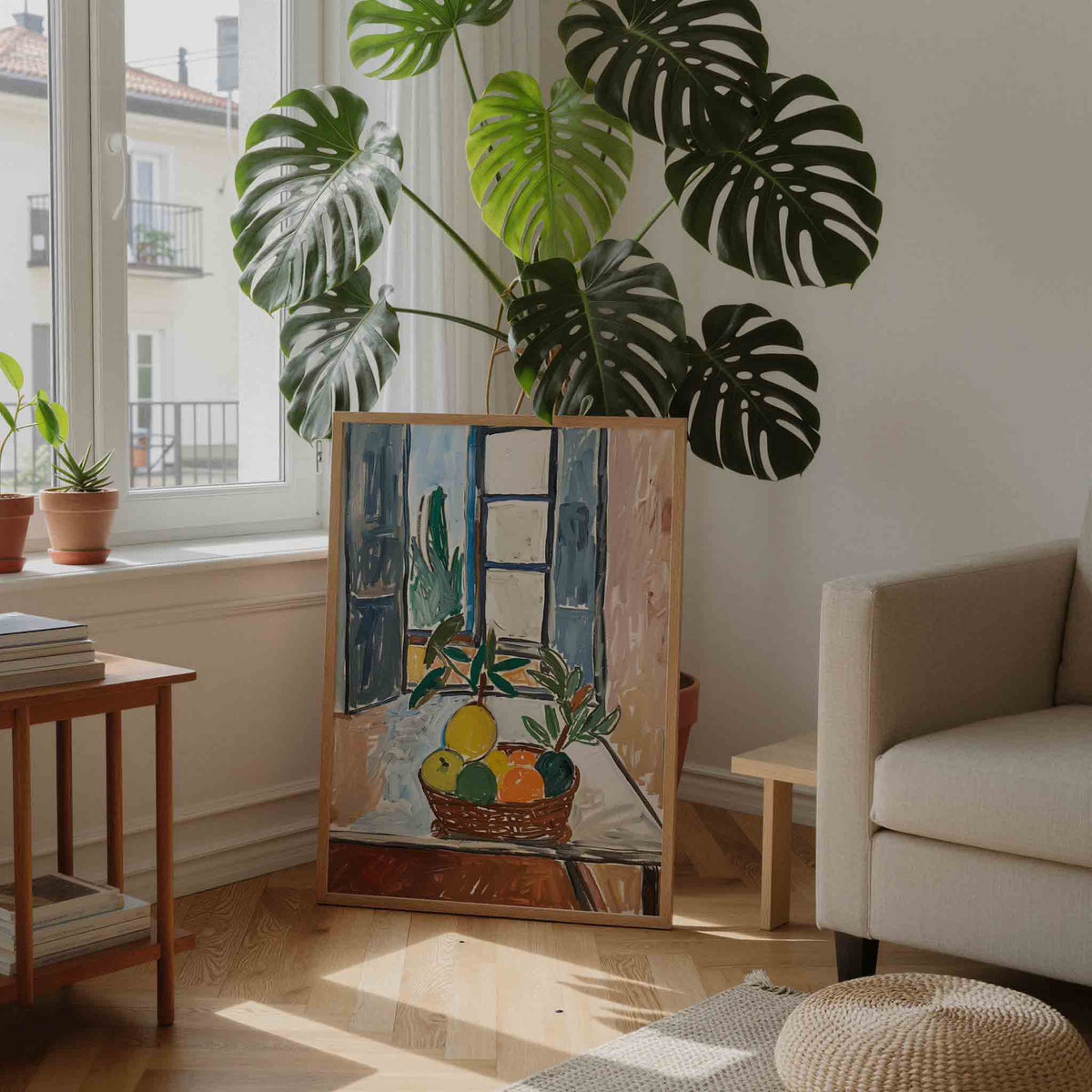 Fruitmand bij raam – moderne illustratie als portret poster
