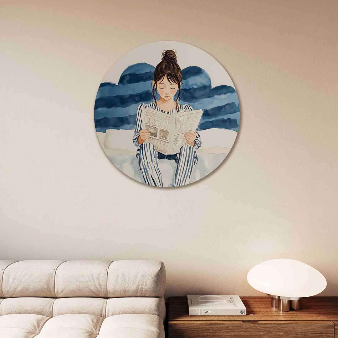 Lezende vrouw – moderne abstracte muurcirkel voor aan de muur