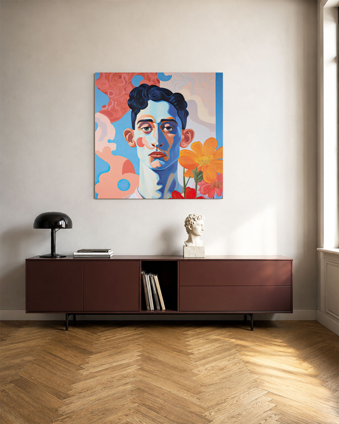 Portret kunstwerk – tweede productweergave – dit werk toont een portret met vloeiende lijnen en levendige kleuren. De