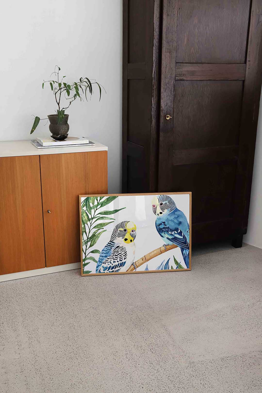 Parkieten en bladeren – dierenillustratie als landscape poster