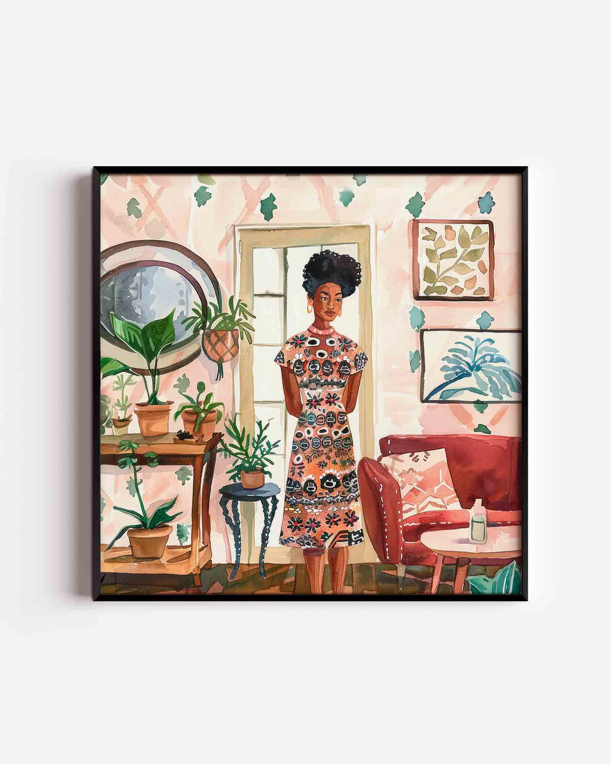 Vrouw in interieur – kleurrijke illustratie poster als wanddecoratie