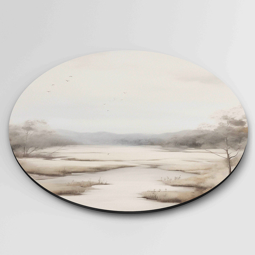 Rustige rivierlandschap – ronde wanddecoratie met abstract ontwerp