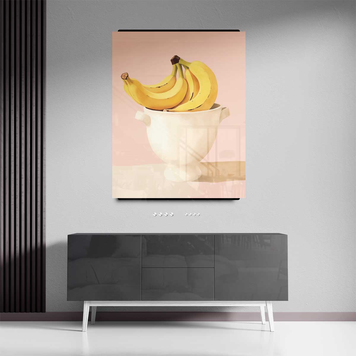 Bananen in een Witte Kom op Roze Achtergrond – canvas kunstwerk als wanddecoratie