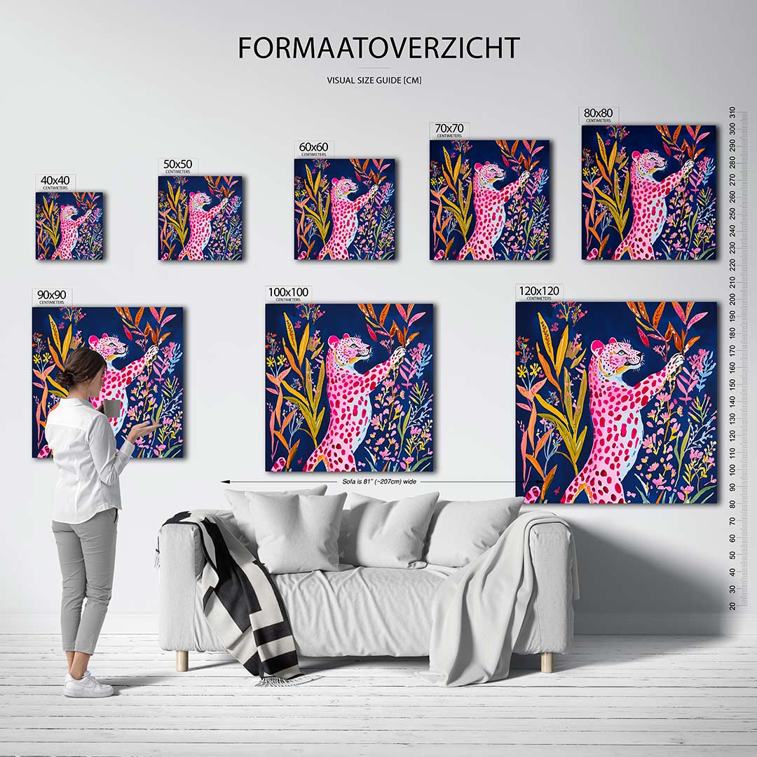 Kleurrijke dierenfantasie kunstwerk – dit werk toont een levendige compositie van een roze gevlekte luipaard omringd door