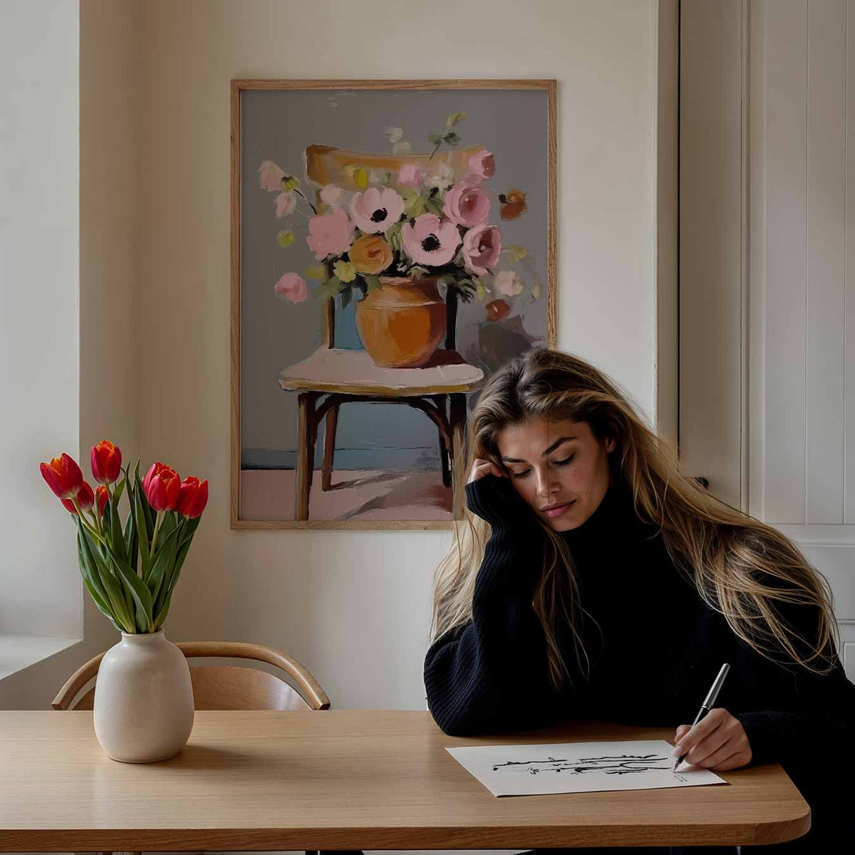 Bloemenpracht op Stoel – bloemen poster als moderne staande wanddecoratie