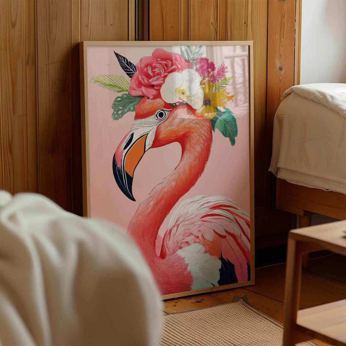 Tropische Flamingo met Bloemenkroon – kinderposter in staand formaat