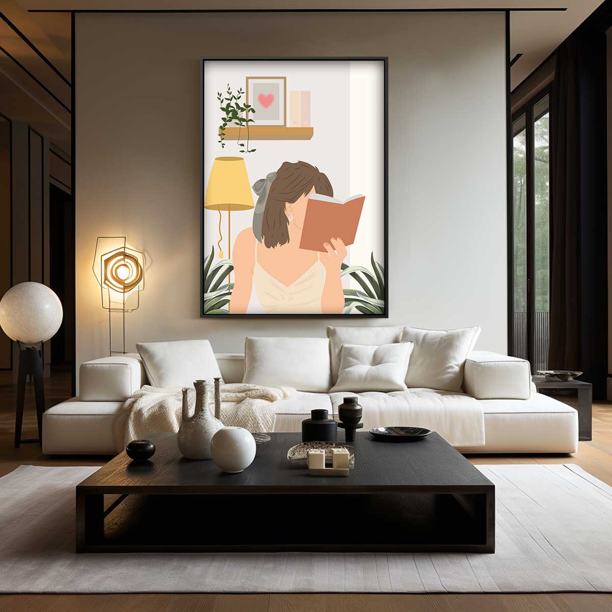 Lezende Vrouw in een Gezellige Kamer – kunstwerk met zwarte baklijst